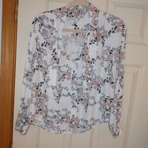 Liz Claiborne: White with beige and black flower print long sleeve blouse.